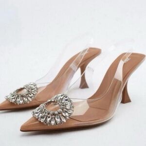Zara Tan Crystal Embellished Heels size 39